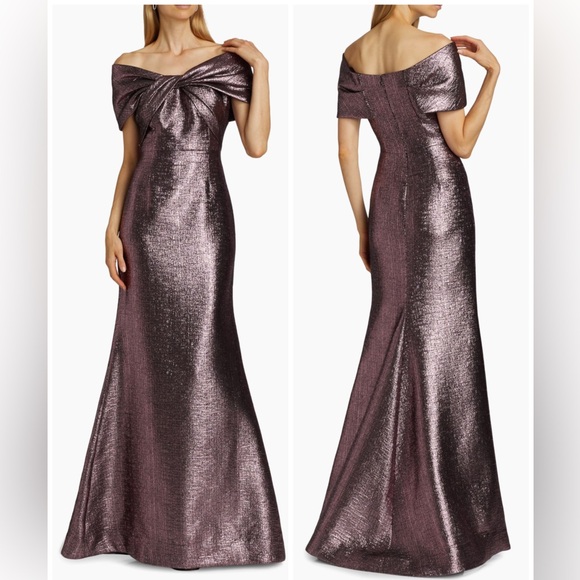 Teri Jon by Rickie Freeman Metallic Jacquard Bodice Off Shoulder Gown Dress - Picture 3 of 16